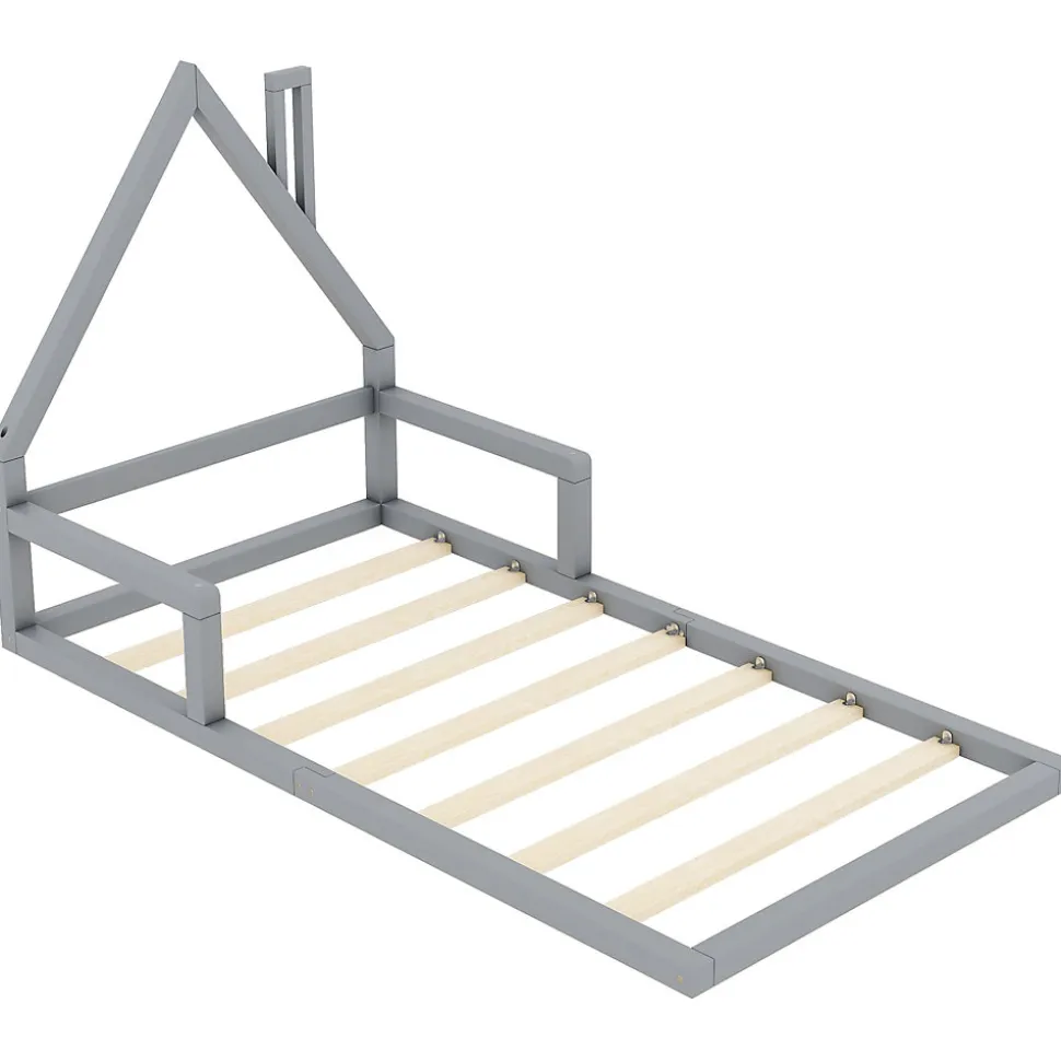 Lit 90x200 cm en forme de maison avec cadre en pin massif et MDF, design scandinave gris, sommier 7 lattes, idéal chambre enfant
