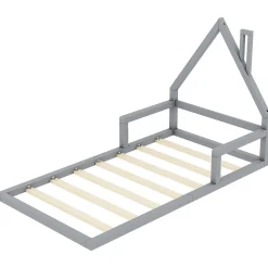 Lit 90x200 cm en forme de maison avec cadre en pin massif et MDF, design scandinave gris, sommier 7 lattes, idéal chambre enfant