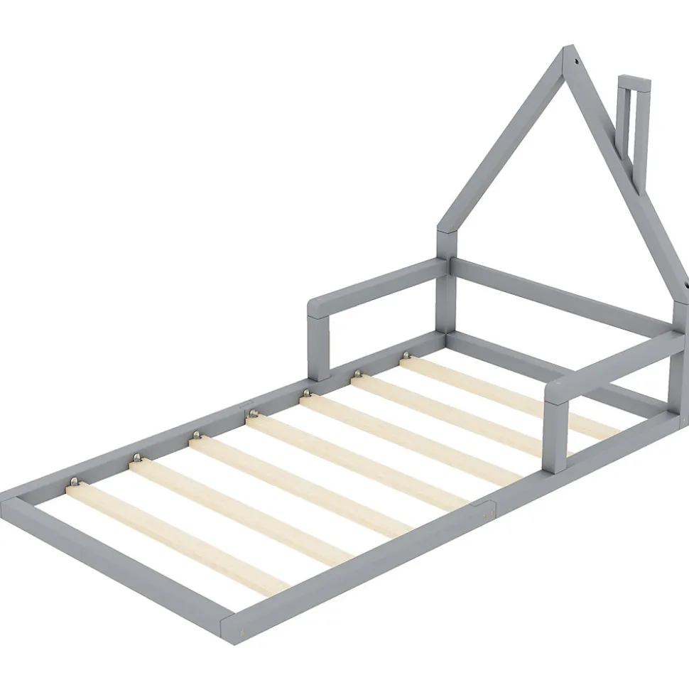Lit 90x200 cm en forme de maison avec cadre en pin massif et MDF, design scandinave gris, sommier 7 lattes, idéal chambre enfant