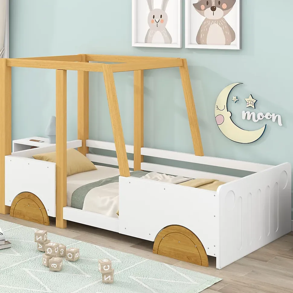 Lit 90x200 cm en forme de voiture avec cadre en pin massif et barrières de protection, blanc/naturel