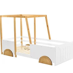 Lit 90x200 cm en forme de voiture avec cadre en pin massif et barrières de protection, blanc/naturel