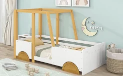 Lit 90x200 cm en forme de voiture avec cadre en pin massif et barrières de protection, blanc/naturel