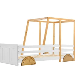 Lit 90x200 cm en forme de voiture avec cadre en pin massif et barrières de protection, blanc/naturel