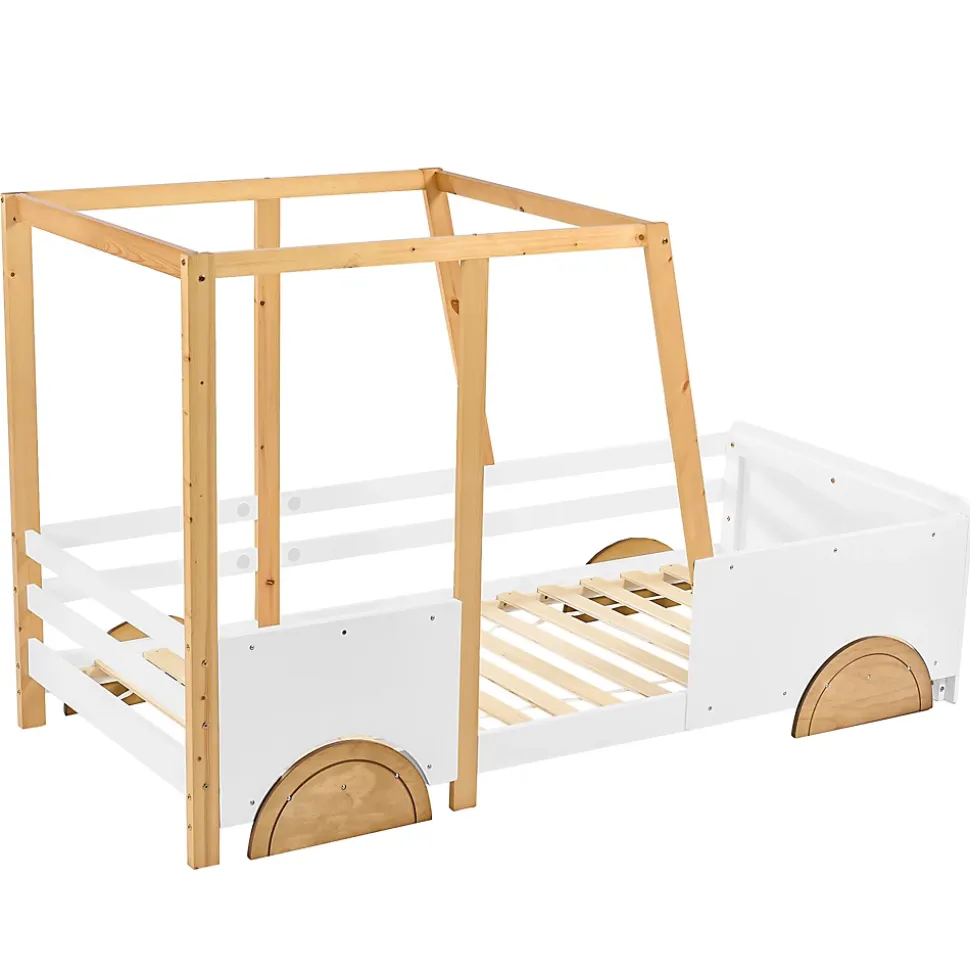 Lit 90x200 cm en forme de voiture avec cadre en pin massif et barrières de protection, blanc/naturel