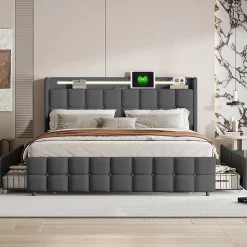 Lit 160x200 cm en lin gris avec 4 tiroirs, tête de lit LED avec prises USB intégrées, Grand rangement et design élégant