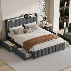 Lit 160x200 cm en lin gris avec 4 tiroirs, tête de lit LED avec prises USB intégrées, Grand rangement et design élégant