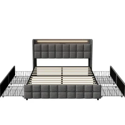 Lit 160x200 cm en lin gris avec 4 tiroirs, tête de lit LED avec prises USB intégrées, Grand rangement et design élégant