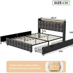 Lit 160x200 cm en lin gris avec 4 tiroirs, tête de lit LED avec prises USB intégrées, Grand rangement et design élégant