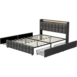 Lit 160x200 cm en lin gris avec 4 tiroirs, tête de lit LED avec prises USB intégrées, Grand rangement et design élégant