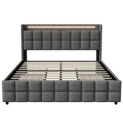 Lit 160x200 cm en lin gris avec 4 tiroirs, tête de lit LED avec prises USB intégrées, Grand rangement et design élégant