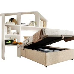 Lit 90x190 cm en lin naturel avec rangement hydraulique, étagère tête de lit et ports USB-C