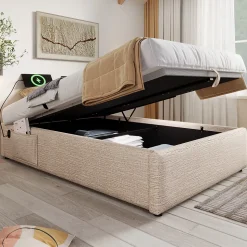 Lit 90x190 cm en lin naturel avec rangement hydraulique, étagère tête de lit et ports USB-C