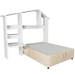 Lit 90x190 cm en lin naturel avec rangement hydraulique, étagère tête de lit et ports USB-C