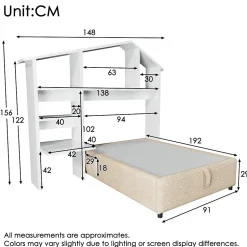 Lit 90x190 cm en lin naturel avec rangement hydraulique, étagère tête de lit et ports USB-C