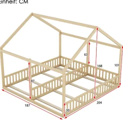 Lit 90x200 cm 2-en-1 modèle maison en pin et MDF couleur naturelle avec barrières de sécurité et toit décoratif