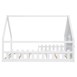 Lit 140x200 cm en pin et MDF en forme de maison avec barrières, finition blanche, design enfantin moderne