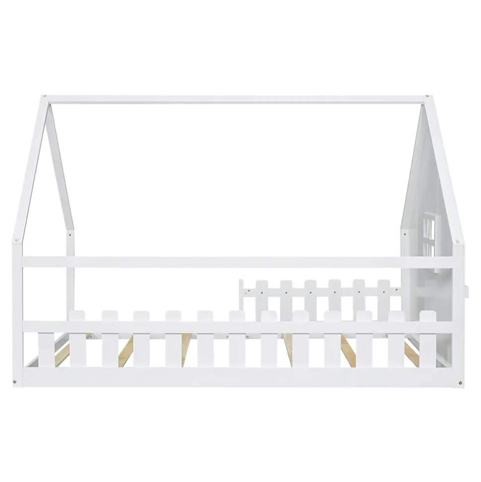 Lit 140x200 cm en pin et MDF en forme de maison avec barrières, finition blanche, design enfantin moderne
