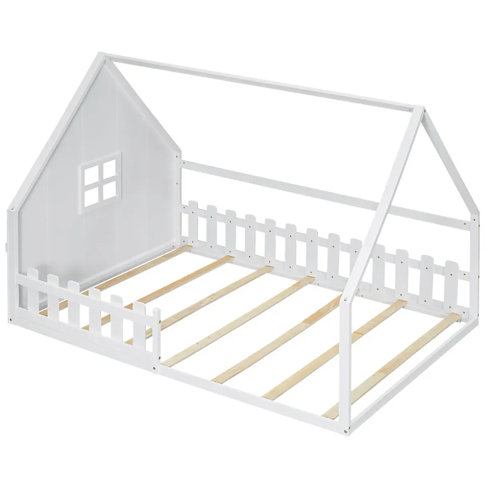 Lit 140x200 cm en pin et MDF en forme de maison avec barrières, finition blanche, design enfantin moderne