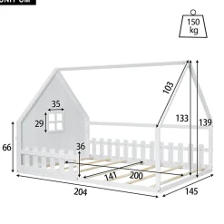 Lit 140x200 cm en pin et MDF en forme de maison avec barrières, finition blanche, design enfantin moderne