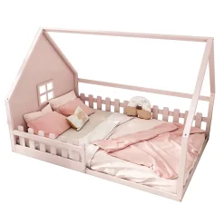 Lit 140x200 cm en pin et MDF forme maisonnette avec garde-corps intégré, coloris rose, design enfant sécurisé
