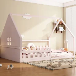 Lit 140x200 cm en pin et MDF forme maisonnette avec garde-corps intégré, coloris rose, design enfant sécurisé