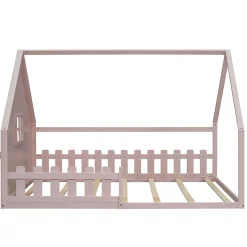 Lit 140x200 cm en pin et MDF forme maisonnette avec garde-corps intégré, coloris rose, design enfant sécurisé