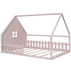 Lit 140x200 cm en pin et MDF forme maisonnette avec garde-corps intégré, coloris rose, design enfant sécurisé