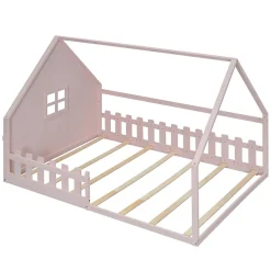 Lit 140x200 cm en pin et MDF forme maisonnette avec garde-corps intégré, coloris rose, design enfant sécurisé