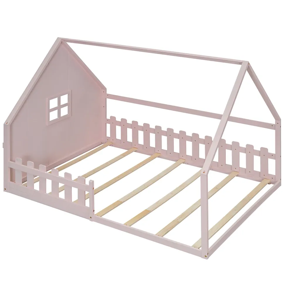 Lit 140x200 cm en pin et MDF forme maisonnette avec garde-corps intégré, coloris rose, design enfant sécurisé