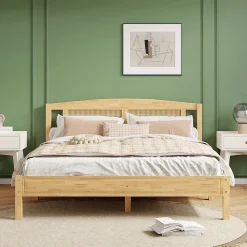 Lit 160x200 cm en pin et rotin PE avec tête de lit décorative, design naturel, 15 lattes et pieds centraux