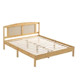 Lit 160x200 cm en pin et rotin PE avec tête de lit décorative, design naturel, 15 lattes et pieds centraux
