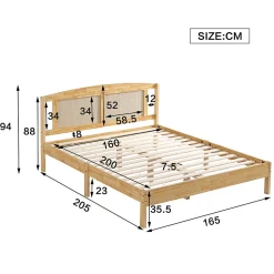 Lit 160x200 cm en pin et rotin PE avec tête de lit décorative, design naturel, 15 lattes et pieds centraux