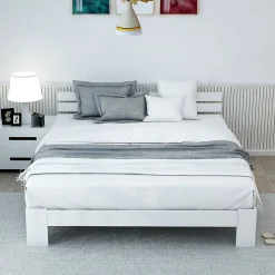 Lit 140x200 cm en pin massif blanc avec rangement sous-lit, design rustique et fonctionnel