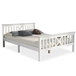 Lit 140x200 cm en pin massif blanc avec 4 tiroirs de rangement et tête de lit en X, design fonctionnel