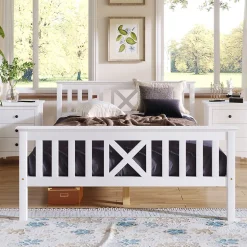 Lit 140x200 cm en pin massif blanc avec 4 tiroirs de rangement et tête de lit en X, design fonctionnel