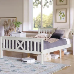 Lit 140x200 cm en pin massif blanc avec 4 tiroirs de rangement et tête de lit en X, design fonctionnel