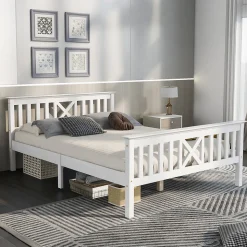 Lit 140x200 cm en pin massif blanc avec 4 tiroirs de rangement et tête de lit en X, design fonctionnel