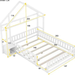 Lit 140x200 cm en pin massif blanc avec tête de lit en forme de maison et table de chevet intégrée