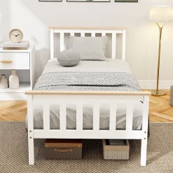 Lit 90x200 cm en pin massif blanc avec rangement sous le sommier, design naturel et silencieux