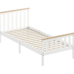 Lit 90x200 cm en pin massif blanc avec rangement sous le sommier, design naturel et silencieux