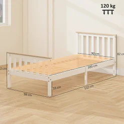 Lit 90x200 cm en pin massif blanc avec rangement sous le sommier, design naturel et silencieux
