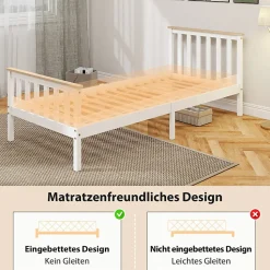 Lit 90x200 cm en pin massif blanc avec rangement sous le sommier, design naturel et silencieux