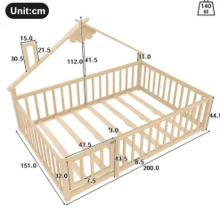 Lit 140x190 cm en pin naturel avec balustrade 32 cm et serrure, style maisonnette pour enfant