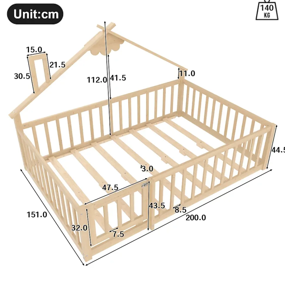 Lit 140x190 cm en pin naturel avec balustrade 32 cm et serrure, style maisonnette pour enfant