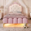 Lit 90x200 cm en PU rose avec tête de lit couronnée et éclairage LED d'ambiance réglable, sommier à lattes
