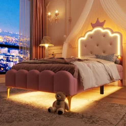 Lit 90x200 cm en PU rose avec tête de lit couronnée et éclairage LED d'ambiance réglable, sommier à lattes