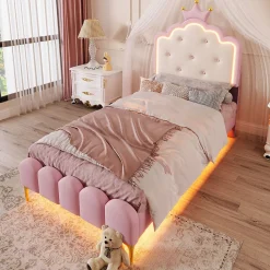 Lit 90x200 cm en PU rose avec tête de lit couronnée et éclairage LED d'ambiance réglable, sommier à lattes
