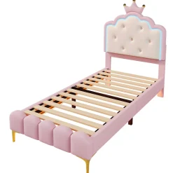 Lit 90x200 cm en PU rose avec tête de lit couronnée et éclairage LED d'ambiance réglable, sommier à lattes