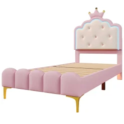 Lit 90x200 cm en PU rose avec tête de lit couronnée et éclairage LED d'ambiance réglable, sommier à lattes