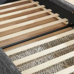 Lit 90x200 cm en tissu chenille Dark Gray, plis décoratifs, bois d'eucalyptus et cadre métal stable